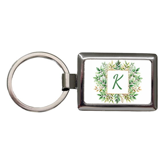 Letter K Initial Monogram Frame Leaf Metal Rectangle Keychain