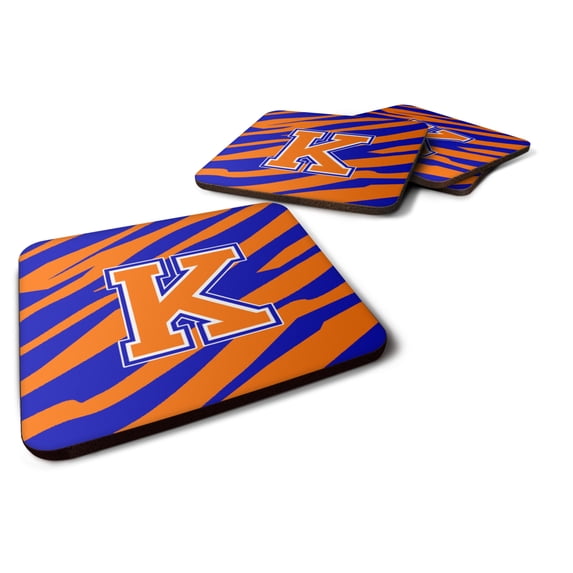 Letter K Initial Tiger Stripe - Blue Orange Foam Coaster Set of 4