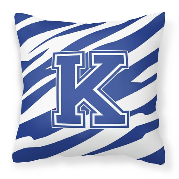 Letter K Initial Tiger Stripe Blue and White Fabric Decorative Pillow