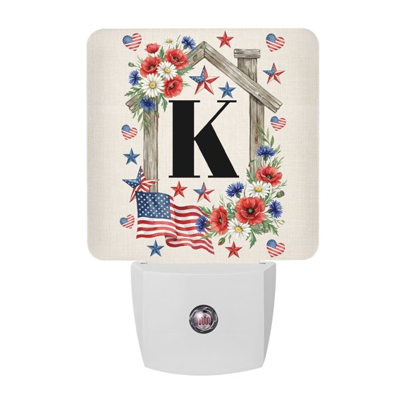 Letter K LED Night Light, Patriotic US Flag Wooden Frame Red Blue Floral Linen Texture Night Lights plug into Wall with Smart Sensor Dusk to Dawn Sensor for Nursery Bedroom 2.95x4.5in