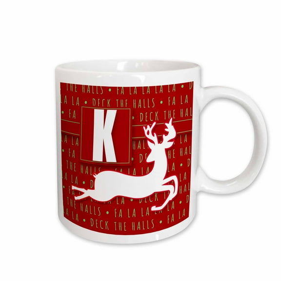 3drose, Letter K Monogram Christmas White Reindeer Deck the Halls Theme, 15oz Mug
