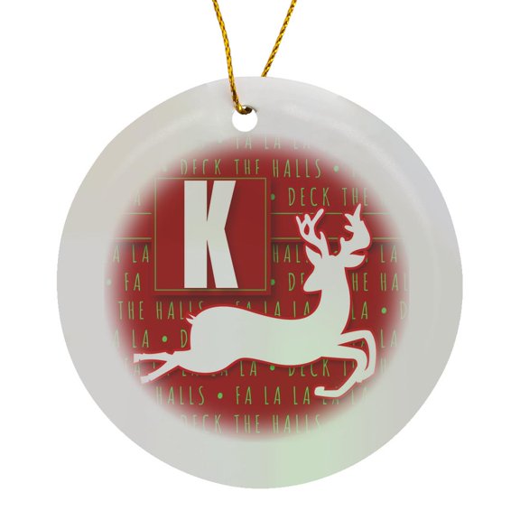 3drose, Letter K Monogram Christmas White Reindeer Deck the Halls Theme, Circle Porcelain Ornament