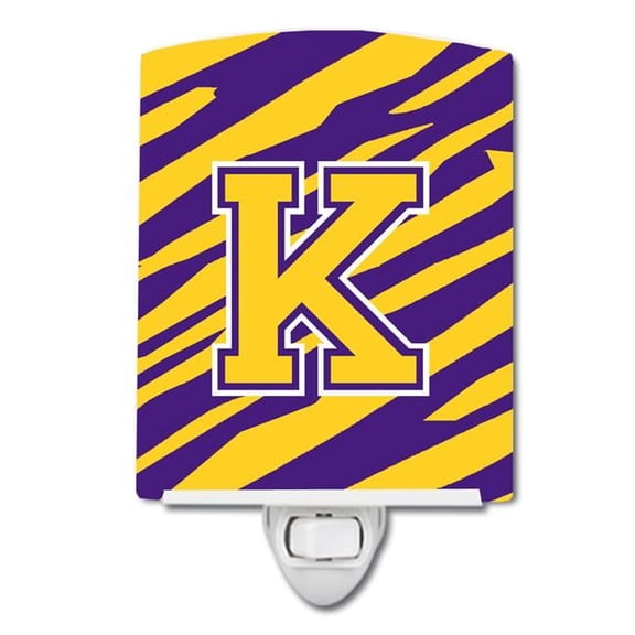 Letter K Monogram Tiger Stripe Purple Gold Ceramic Night Light