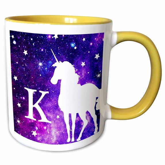 3drose, Letter K Monogram Unicorn Purple Space Stars Personalized Initial K, 15oz Two-tone Yellow Mug