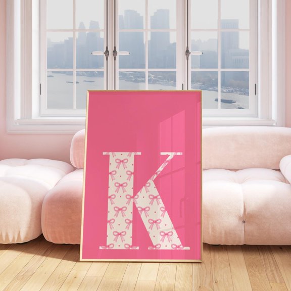 Letter K Pink Bow Initial Wall Art Print, Living Room, Gallery Wall And Home Decor