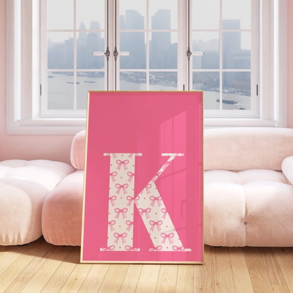 Letter K Pink Bow Initial Wall Art, Unframed Canvas Size 8x12