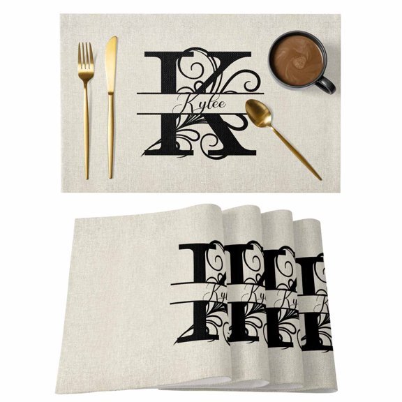 Letter K Placemats Set of 2, Cotton Linen Fabric Place Mats, Monogram Words Washable Decorative Table Mats Protector for Home Kitchen Dining Wedding Party Coffee Tables