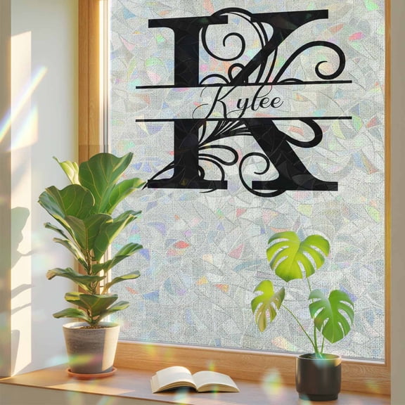 Letter K Privacy Window Film, Decorative Stained Glass Window Film, Monogram Words Resuable Rainbow Static Cling for Home Bathroom Living Room Glass Door 17.7"x39.3"