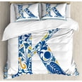 thumbnail image 1 of Letter K Queen Size Duvet Cover Set, Abstract Artistic Leaves and Blooms and Capital Initial K Ornate Alphabet, Decorative 3 Piece Bedding Set with 2 Pillow Shams, Blue Yellow Orange, by Ambesonne, 1 of 3
