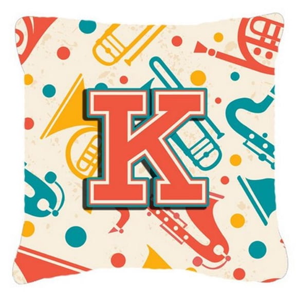 Letter K Retro Teal Orange Musical Instruments Initial Canvas Fabric Decorative Pillow