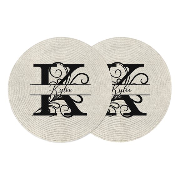 Letter K Round Placemats Set of 2, Braided Polypropylene Place Mats, Monogram Words Washable Table Mats for Kitchen Dinner Holiday Wedding Party Coffee Table Decoration 15"
