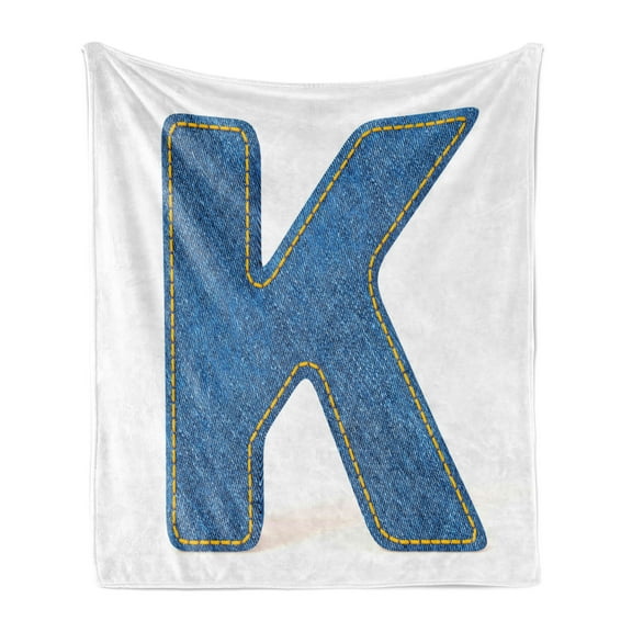 Letter K Soft Flannel Fleece Blanket, Alphabet Font Denim Style Blue Jean Texture Capitalized Character K Illustration, Cozy Plush for Indoor and Outdoor Use, 50" x 70", Blue Yellow, by Ambesonne