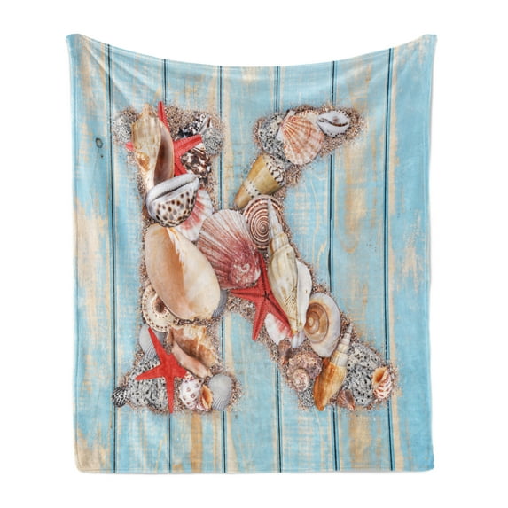 Letter K Soft Flannel Fleece Throw Blanket, Letter K Invertebrates Seashells Starfishes Summer Inspired Print, Cozy Plush for Indoor and Outdoor Use, 70" x 90", Dark Coral Pale Blue, by Ambesonne