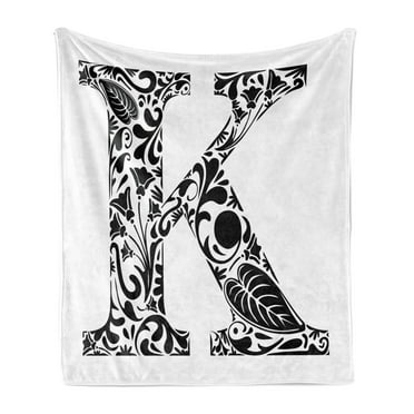 Letter K Soft Flannel Fleece Throw Blanket, Nature Inspired Black Silhouettes Swirls Abstract Rural Field Pattern, Cozy Plush for Indoor and Outdoor Use, 50" x 70", Black White, by Ambesonne