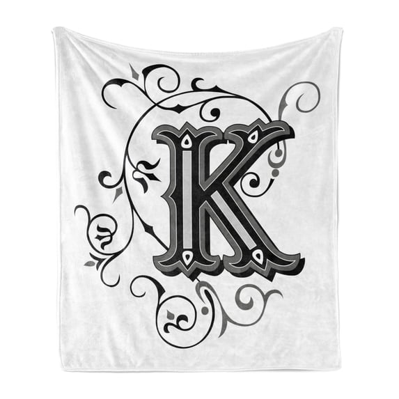 Letter K Soft Flannel Fleece Throw Blanket, Uppercase Design from Medieval Times Typography Sign Alphabet Pattern, Cozy Plush for Indoor and Outdoor Use, 50" x 70", Black Grey White, by Ambesonne