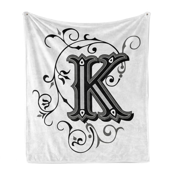 Letter K Soft Flannel Fleece Throw Blanket, Uppercase Design from Medieval Times Typography Sign Alphabet Pattern, Cozy Plush for Indoor and Outdoor Use, 60" x 80", Black Grey White, by Ambesonne