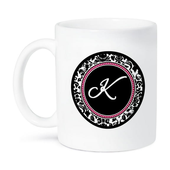 3dRose, Letter K stylish monogrammed circle - girly personal initial personalized black damask with hot pink, 11oz Mug