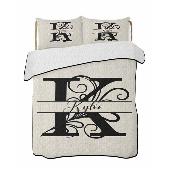 Letter K Summer Quilt Set Twin Size, Soft Microfiber Quilted Bedding Set with 2 Pillow Shams, Monogram Words Lightweight All Season Bedspread Coverlet for Bedroom 68"x86"