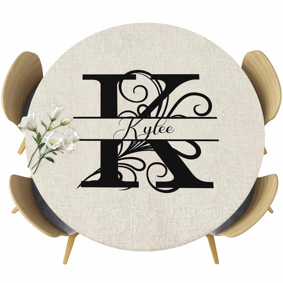 Letter K Table Cloth, Round Fitted Tablecloths with Elastic Edge, Monogram Words Wipeable Waterproof Table Cover for Kitchen Wedding 36-44 Inches