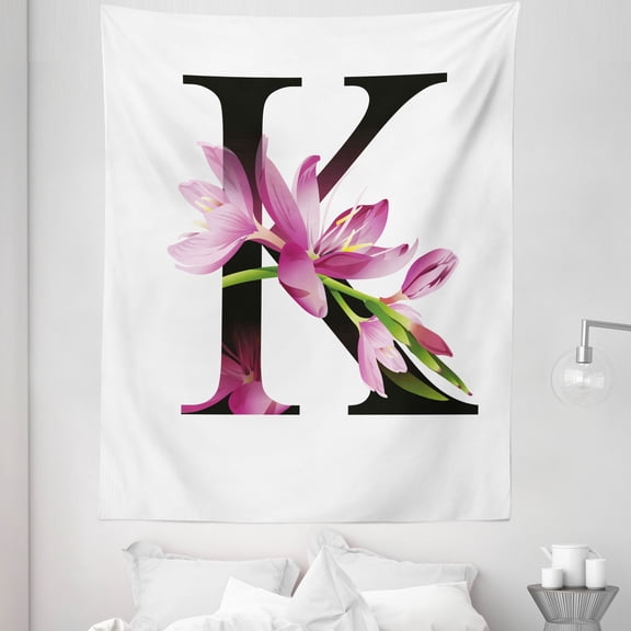 Letter K Tapestry, Blooming Kaffir Lily with Vibrant Green Stalk K Sign Nature Flower Art Print, Fabric Wall Hanging Decor for Bedroom Living Room Dorm, 5 Sizes, Pink Green Black, by Ambesonne