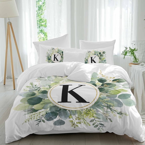 Letter K Twin Duvet Cover Set, Alphabet Green Eucalyptus Leaves Plant Simple 4 Piece Microfiber Bedding Set with Zipper Closure, Bed Sheet and 2 Pillow Shams, Soft Bedding Cover