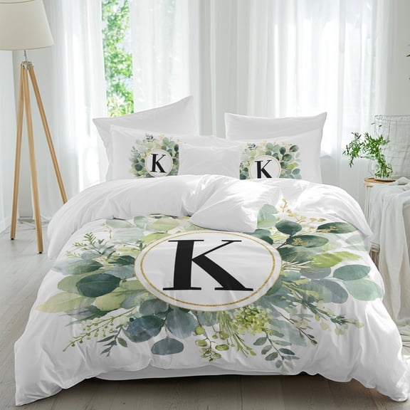 Letter K Twin Duvet Cover Set, Alphabet Green Eucalyptus Leaves Plant Simple 4 Piece Microfiber Bedding Set with Zipper Closure, Bed Sheet and 2 Pillow Shams, Soft Bedding Cover