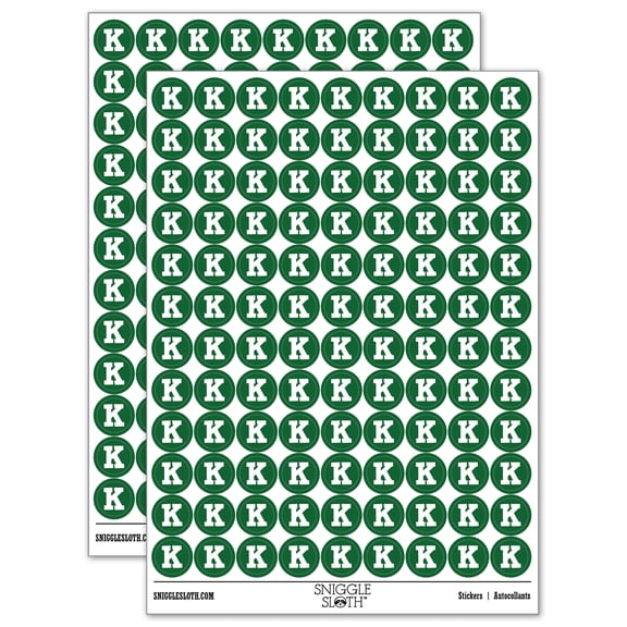 Letter K Uppercase Fun Bold Font 200+ Round Stickers - Dark Green - Gloss Finish - 0.50" Size