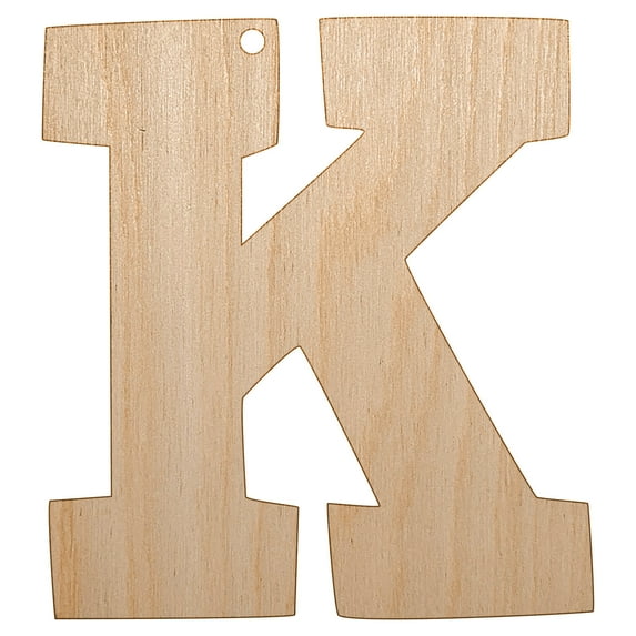 Letter K Uppercase Fun Bold Font Wood Holiday Christmas Tree Ornament Unfinished DIY Pre-Drilled Craft