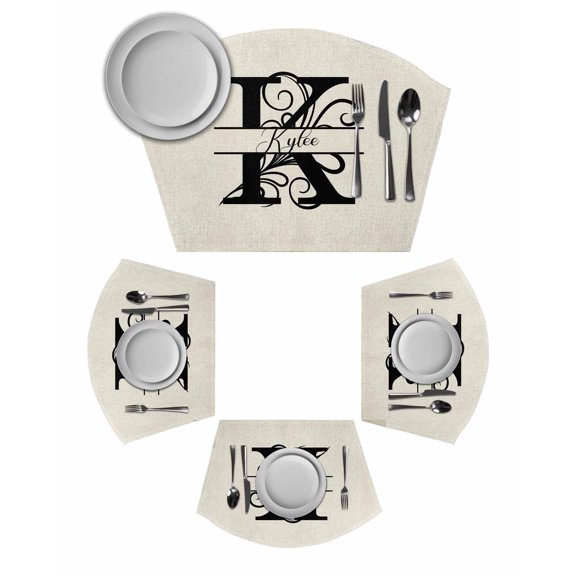 Letter K Wedge Shaped Placemats Set of 4, Cotton Linen Fan Place Mats, Monogram Words Washable Table Mats for Holiday Wedding Party Dinning Coffee Tables 11.8"x17.5"