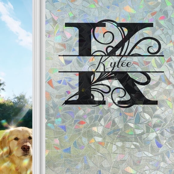 Letter K Window Privacy Film Stain Glass, Reusable Decorative Rainbow Window Film, Monogram Words Non-Adhesive Static Cling Sun Blocking Stickers Decals Covers 17.7" x 39.3" (2pcs)