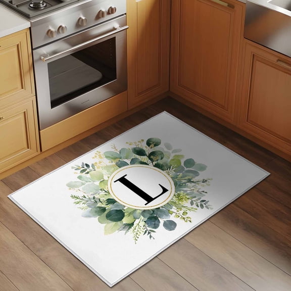 Letter L 2x3 Rug for Entryway Front Door Kitchen Sink Area, Alphabet Green Eucalyptus Leaves Plant Simple Low Pile Washable Non Slip Rectangle Area Rug