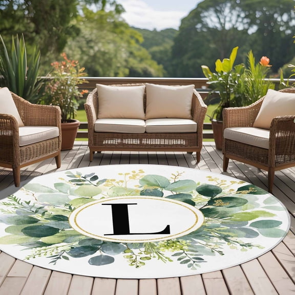 Letter L 8ft Round Rug for Open Concept Living Room Seating Zone, Alphabet Green Eucalyptus Leaves Plant Simple Washable Non Slip Large Circle Area Rug