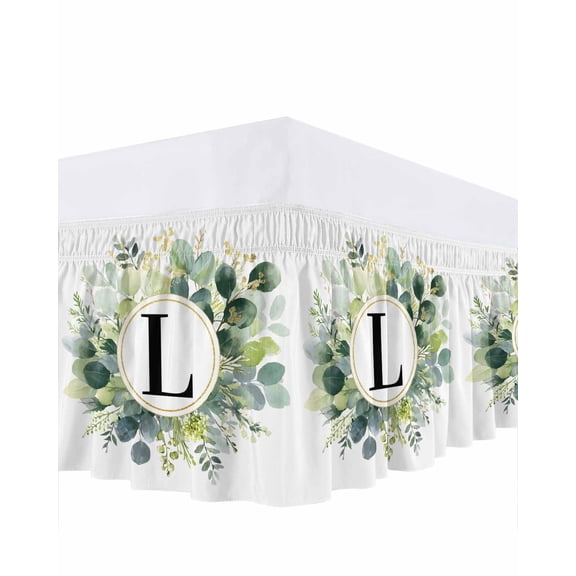 Letter L Bed Skirt California King Size 18 Inch Drop, Alphabet Green Eucalyptus Leaves Plant Simple Adjustable Elastic Dust Ruffles Bedskirt Wrap Around Pleated Mattress Frame Cover