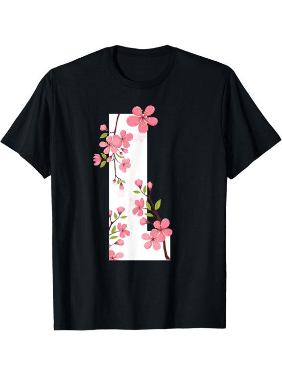 Letter L Cherry Blossom Flower with First Initial T-Shirt men and women can wear, black, white, gifts