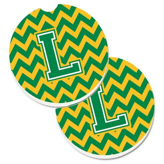Letter L Chevron Green & Gold Set of 2 Cup Holder Car Coaster