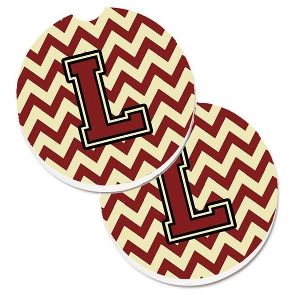 Letter L Chevron Maroon & Gold Set of 2 Cup Holder Car Coaster