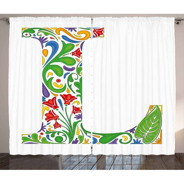 Ambesonne Letter L Curtains 2 Panel Set, Leaf Blossom, 108" x 63", Multicolor
