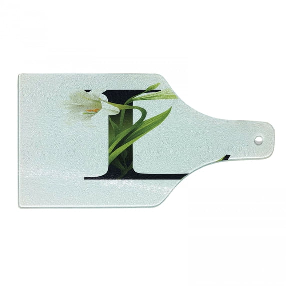 Letter L Cutting Board, Conceptual ABC Typography Capital L with Lily Flourish Floral Natural Grace, Tempered Glass Cutting and Serving Board, Wine Bottle Shape, Green White Black, by Ambesonne