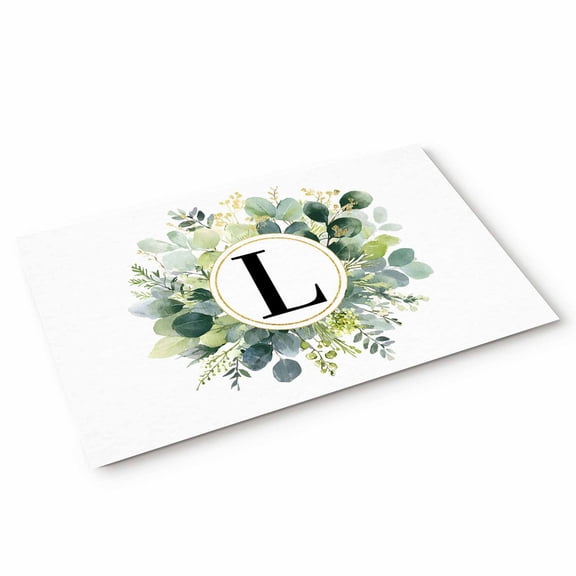 Letter L Door Mat Alphabet Green Eucalyptus Leaves Plant Simple Non Slip Absorbent Entrance Mat Washable Low Profile Indoor Doormat for Front Door Entryway Entry 16"x24"