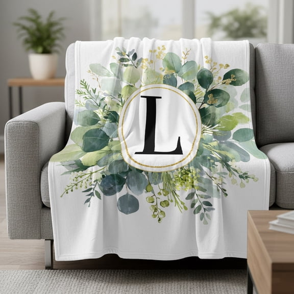Letter L Fleece Throw Blanket Alphabet Green Eucalyptus Leaves Plant Simple Ultra Soft Fuzzy Cozy Flannel Throw Blanket for Couch Sofa Bed Car Travel, Ideal Gifts 30x40 Inches