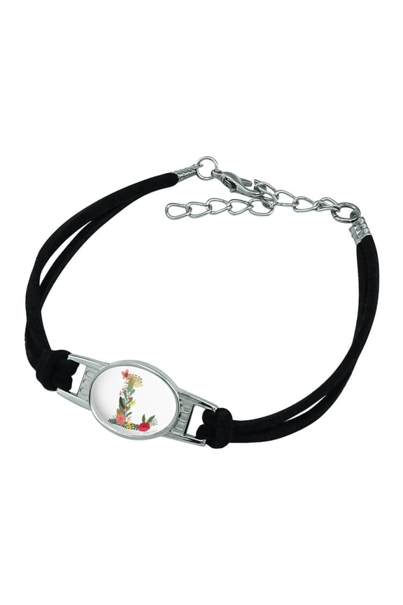 Letter L Floral Monogram Initial Novelty Suede Leather Metal Bracelet