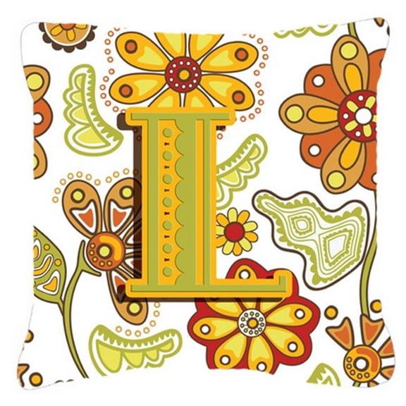 Letter L Floral Mustard And Green Canvas Fabric Decorative Pillow