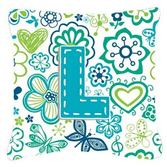 Letter L Flowers And Butterflies Teal Blue Canvas Fabric Decorative Pillow