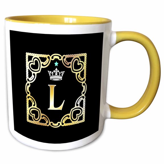 3drose, Letter L- Image of Monogram with Crown and Blue Star- Not Metal Foil, 11oz Two-tone Yellow Mug