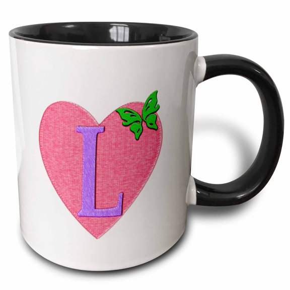 3drose, Letter L- Image of Pink Heart with Butterfly- Not Actual Embroidery, 11oz Two-tone Black Mug