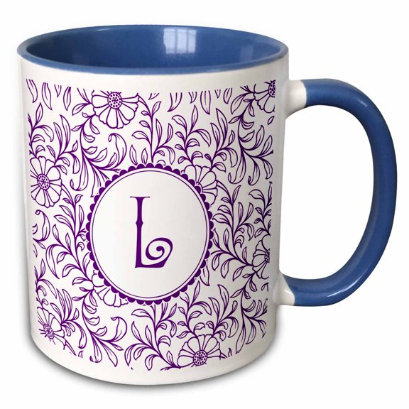 3drose, Letter L in Circle Over Swirly Floral Pattern in Purple and White, 11oz Two-tone Blue Mug