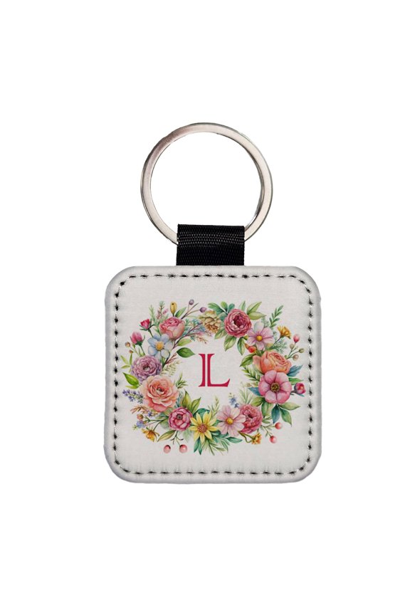 Letter L Initial Monogram Flowers Floral Faux Leather Square Keychain