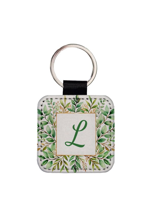 Letter L Initial Monogram Frame Leaf Faux Leather Square Keychain