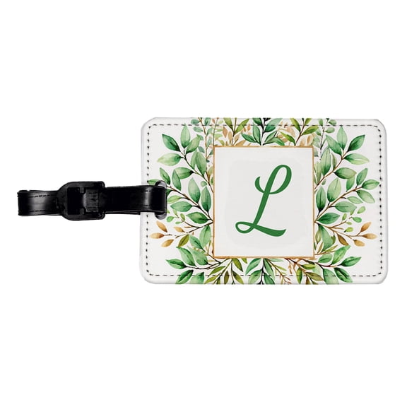 Letter L Initial Monogram Frame Leaf Faux Leather Travel Luggage Tag