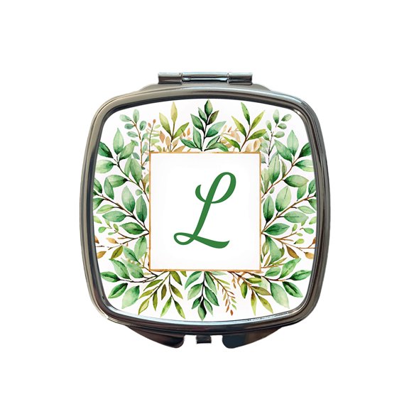 Letter L Initial Monogram Frame Leaf Travel Makeup Handbag Purse Small Pocket Compact Mirror